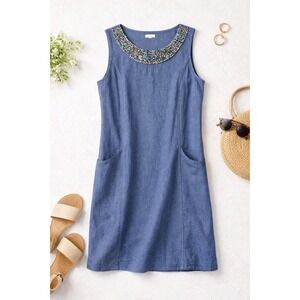 Lina‎ Tomei Italian Linen Beaded Shift Dress Blue Artisan Pockets Medium